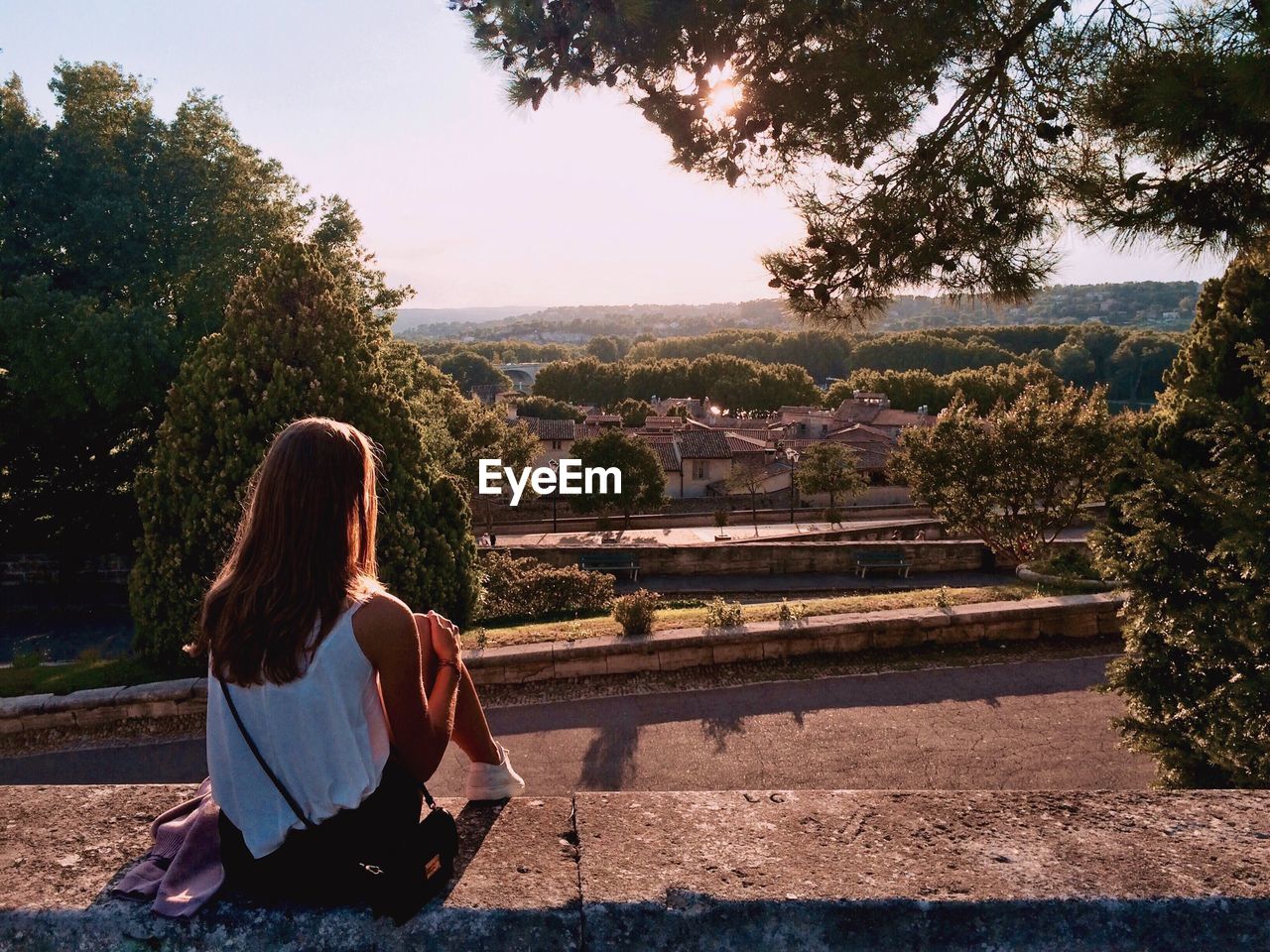 Rear view of woman sitting on wall during sunny day