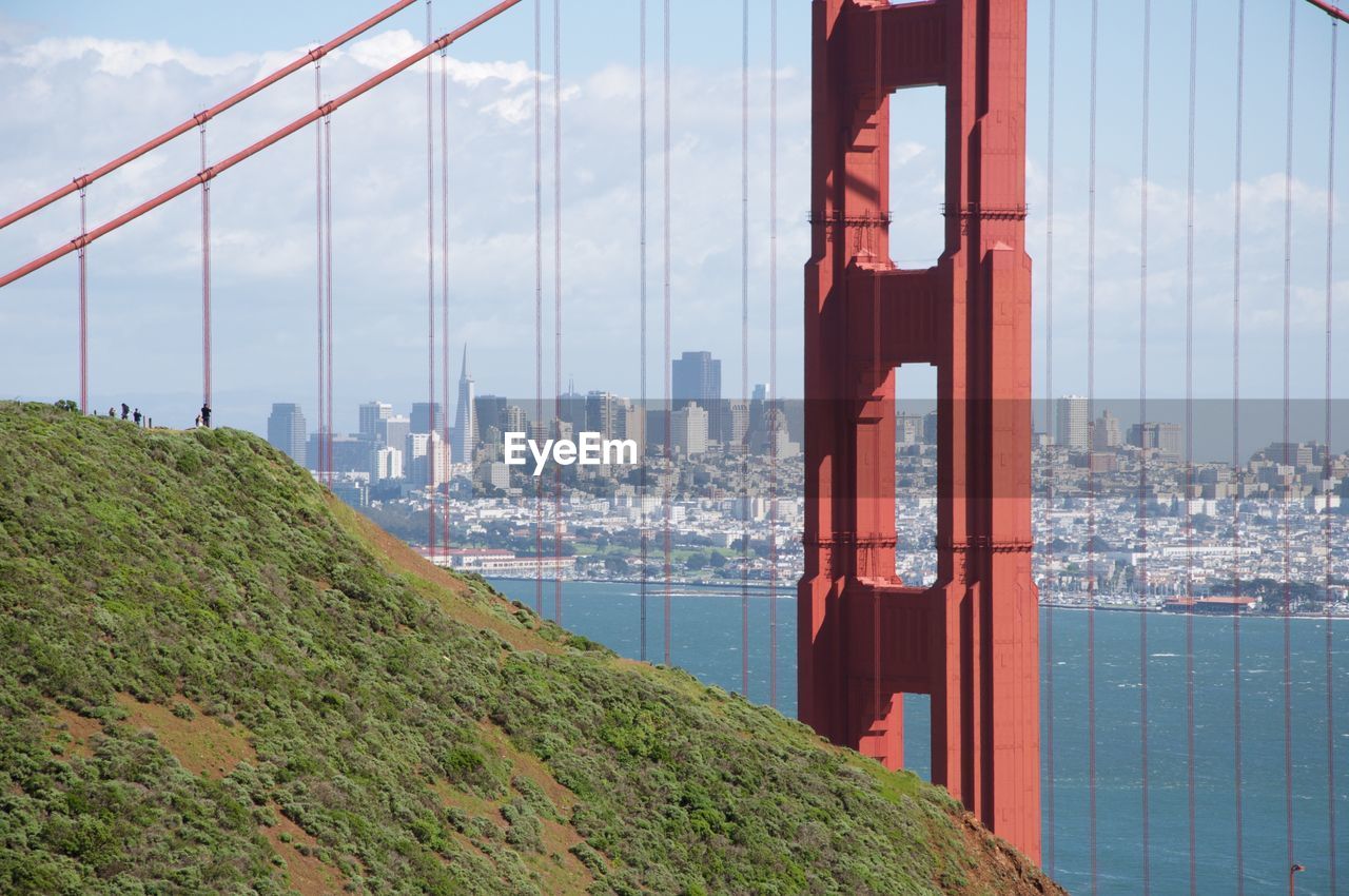 Golden gate bridge by mountain against cityscape