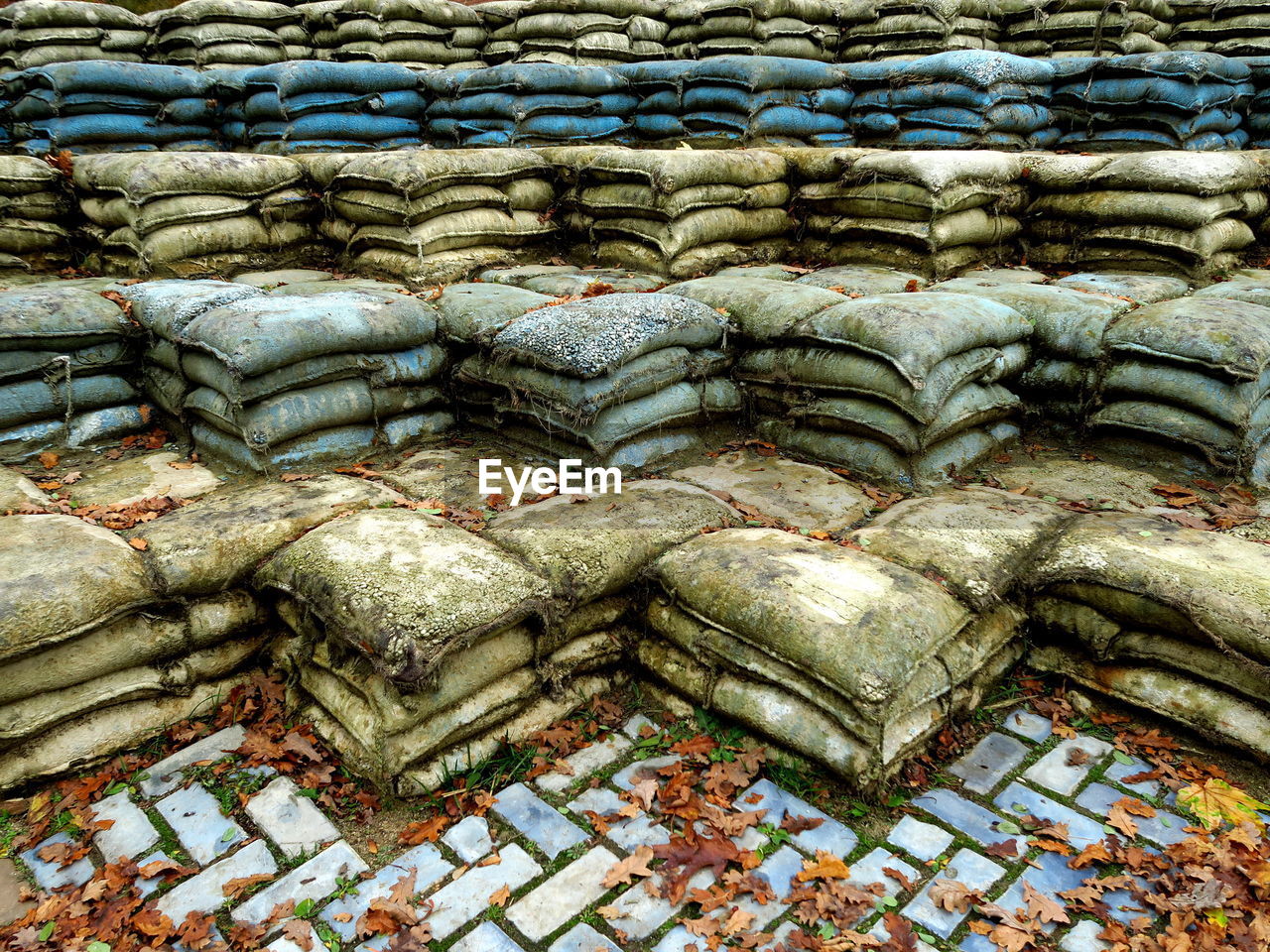 Close-up of stacked sacks