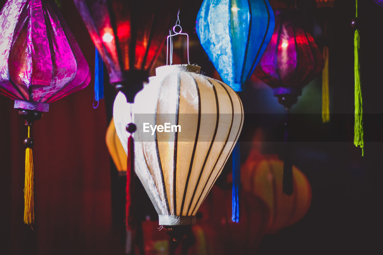 Full frame shot illuminated lanterns hanging for sale at market