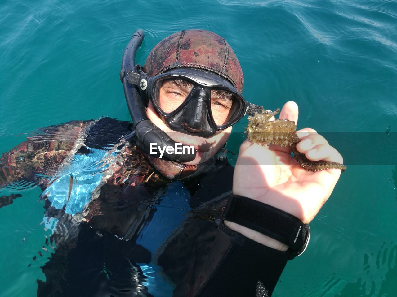 High angle portrait of man holding seahorse during scuba diving