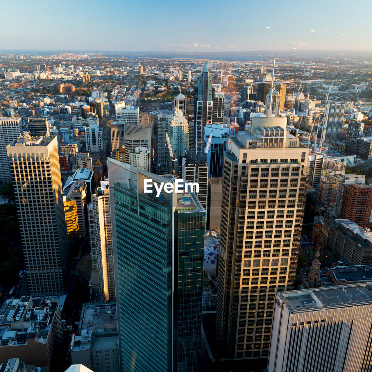 High angle view of buildings in city against sky