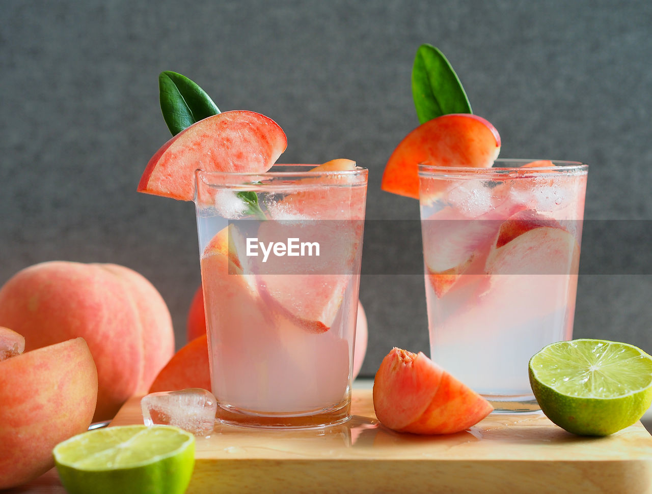 Close-up of peach sparkling water drink.