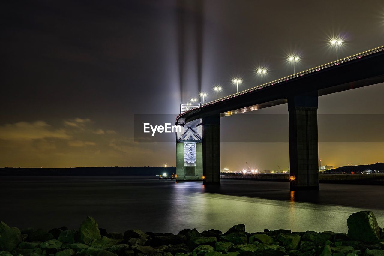 BRIDGE OVER RIVER AGAINST SKY AT NIGHT