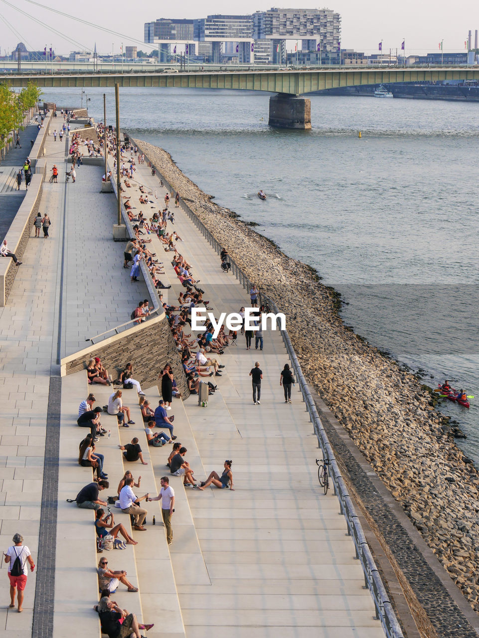 High angle view of people on steps at beach