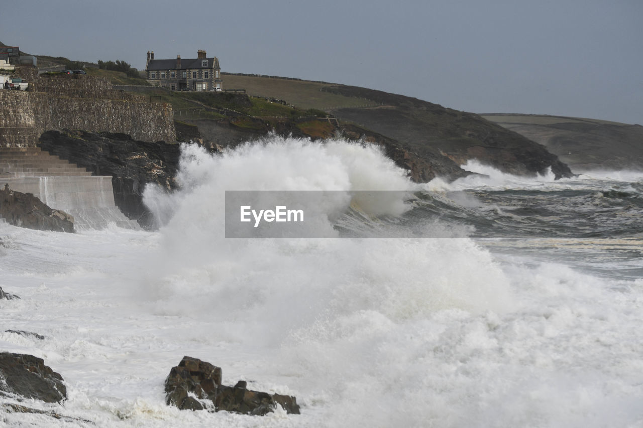 Big waves at high tide in porthleven cornwall 