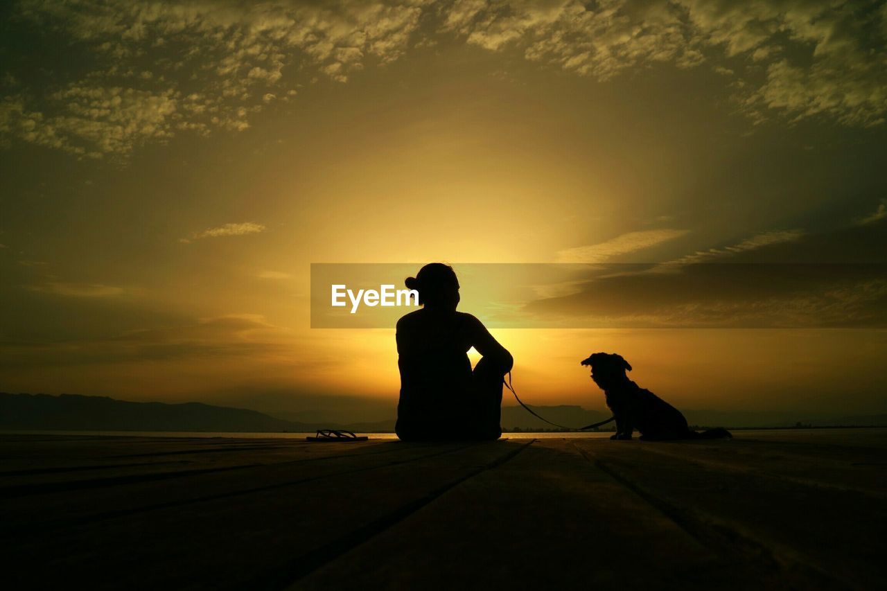 Rear view of silhouette woman with dog relaxing on pier in front sea at sunset