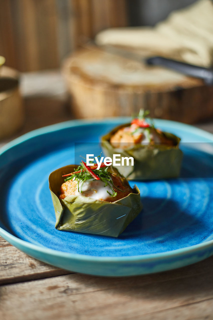 Close-up of food served on table