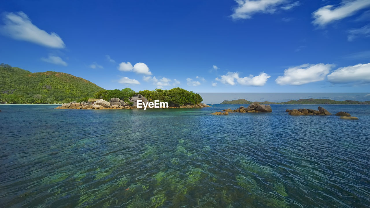 One of the small seychelles islands, surrounded by greenery, surrounded by clear turquoise water. 