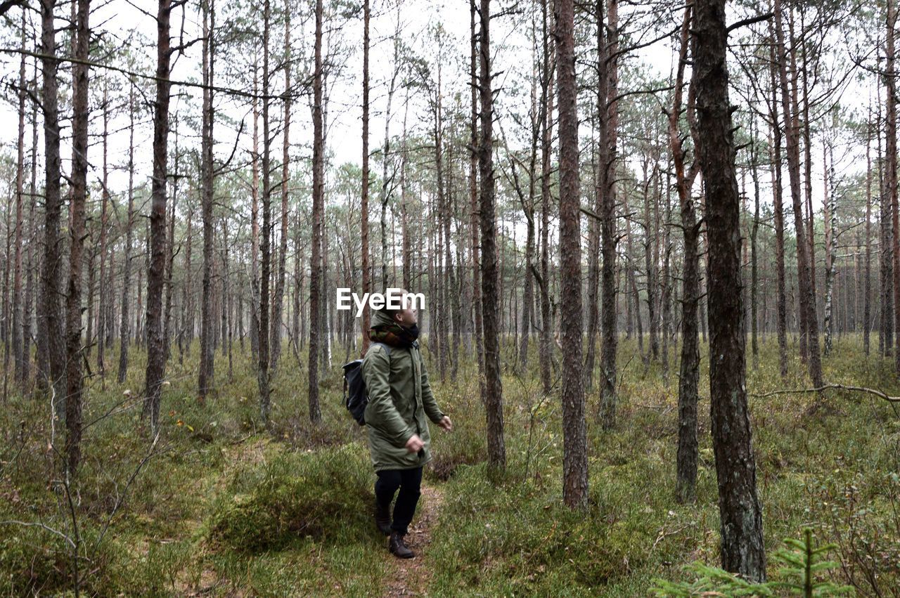 Full length of man standing amidst trees in forest