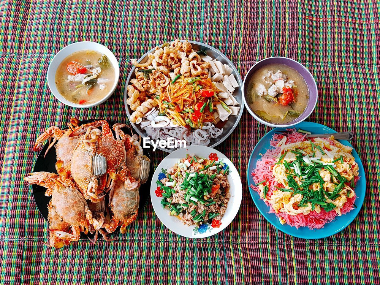 Directly above shot of meal served on table