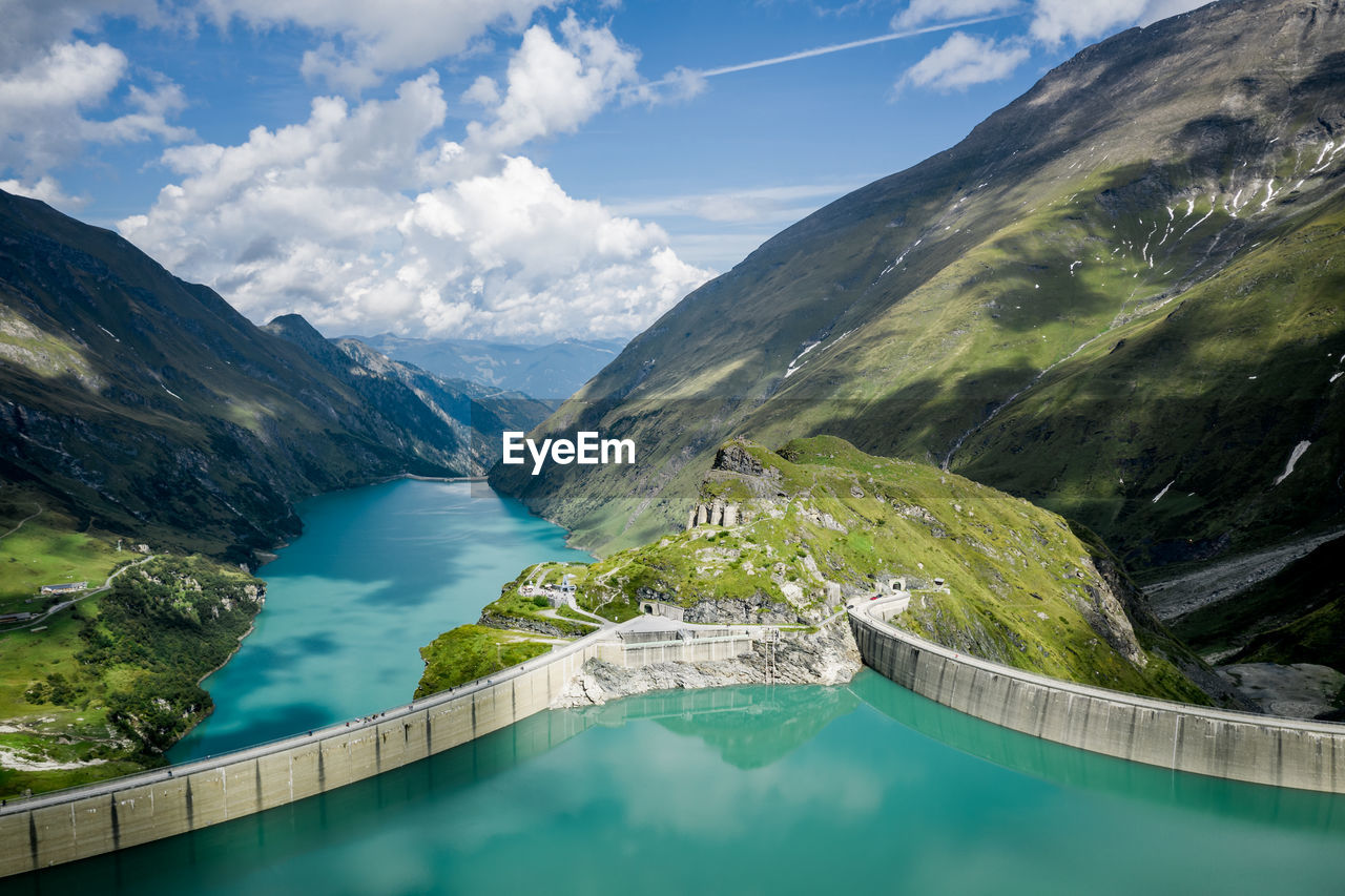 Aerial image of kaprun high mountain reservoirs and dam wall, salzburg, austria