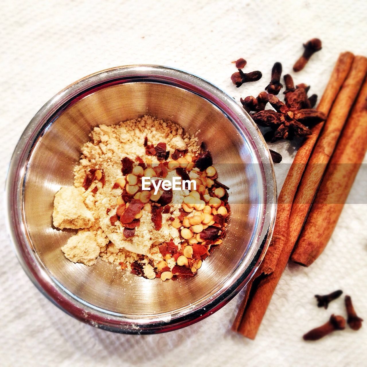 Directly above view of spices in bowl on table