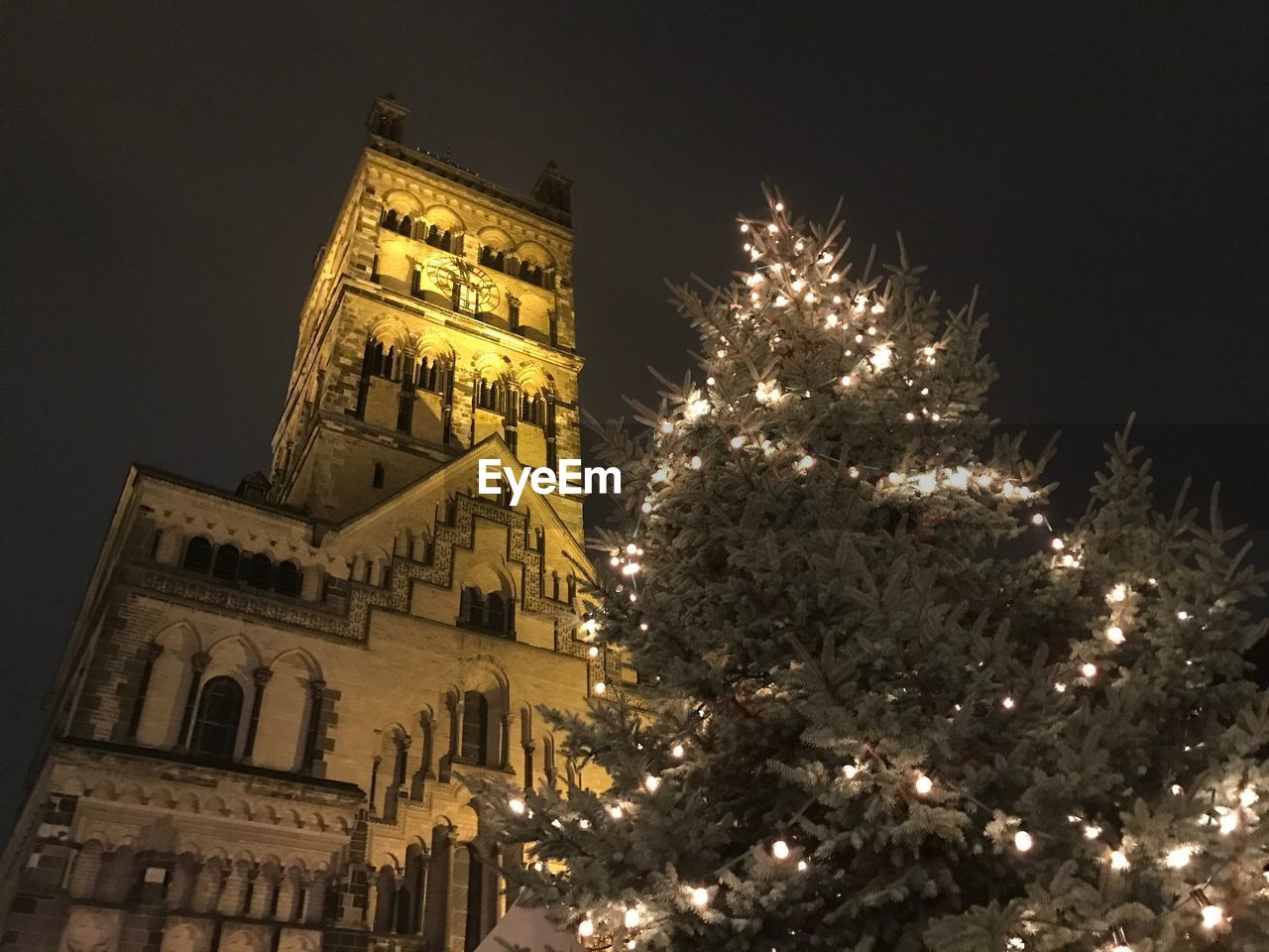 LOW ANGLE VIEW OF ILLUMINATED CHRISTMAS TREE BY BUILDING AGAINST SKY