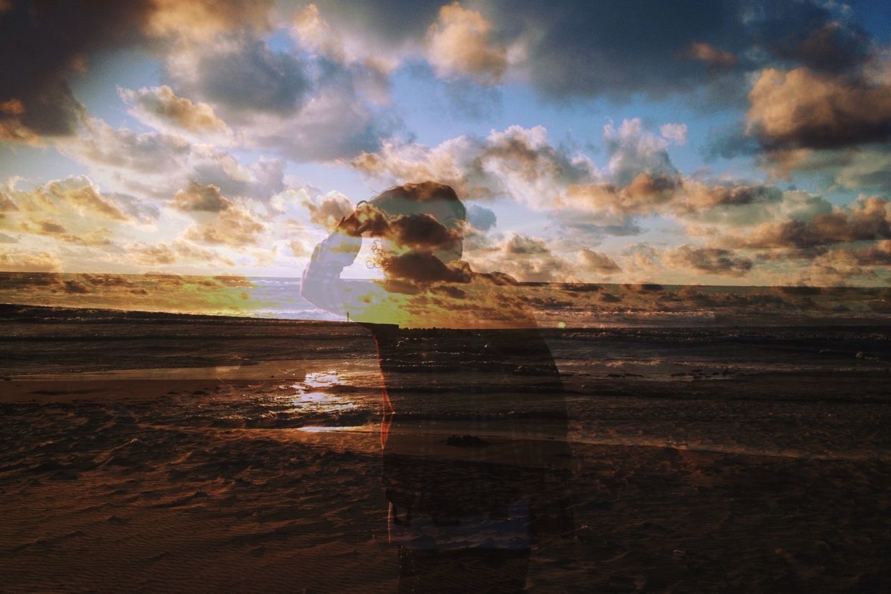 Multiple exposure of man and beach against cloudy sky