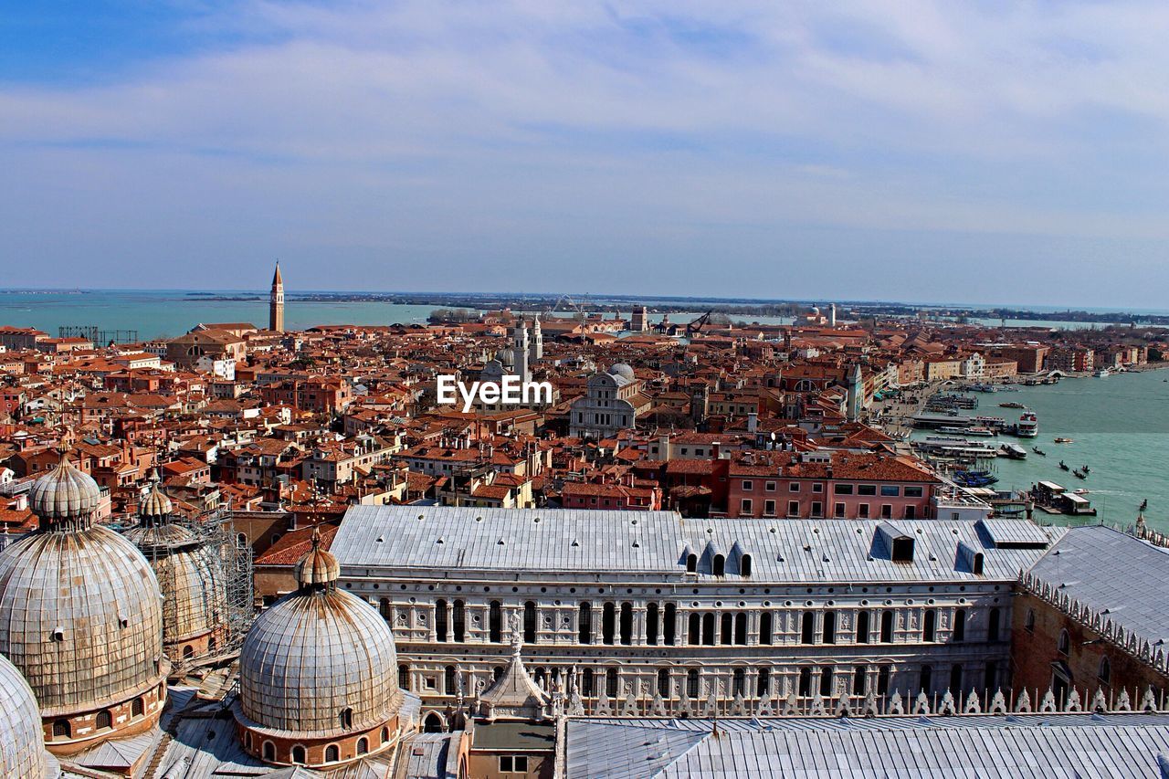 High angle view of st mark cathedral with cityscape against sky