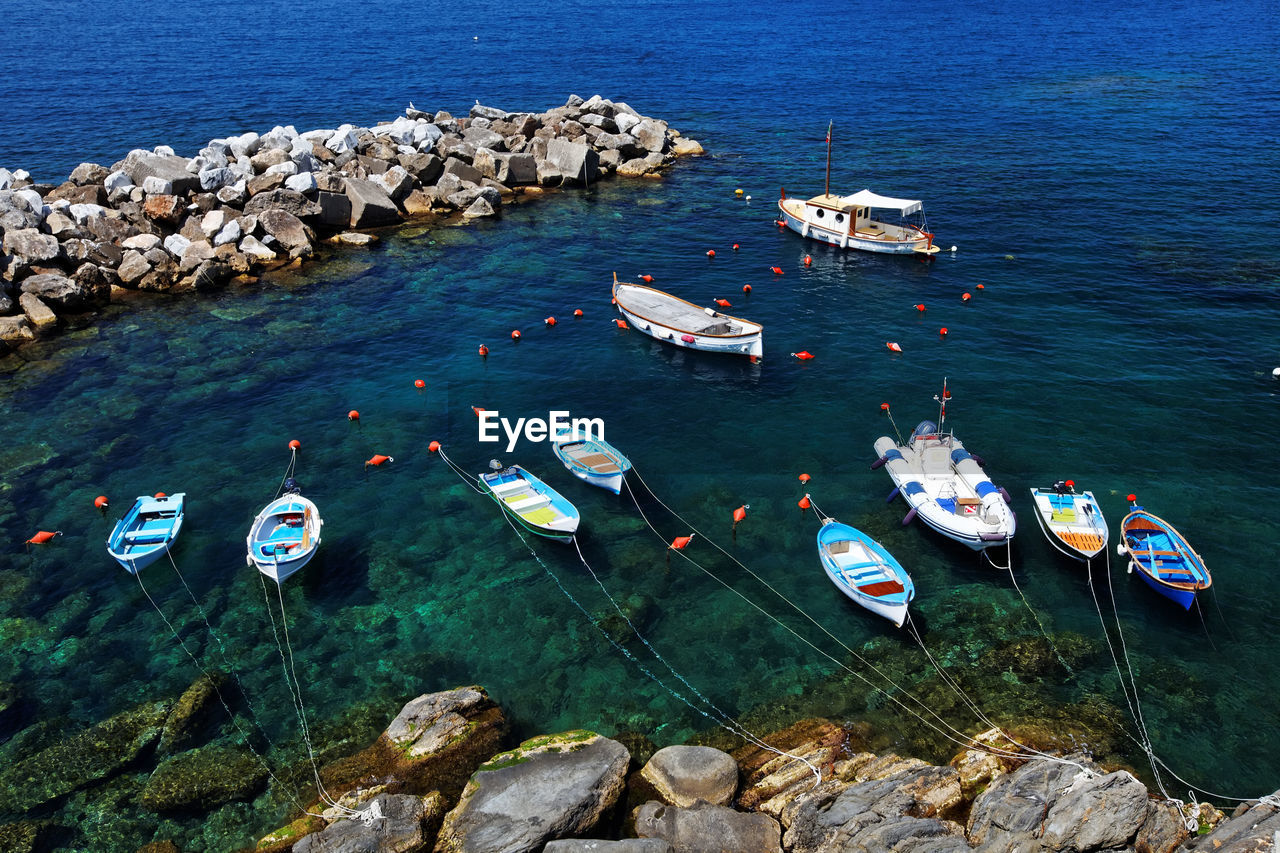 High angle view of boats moored on sea