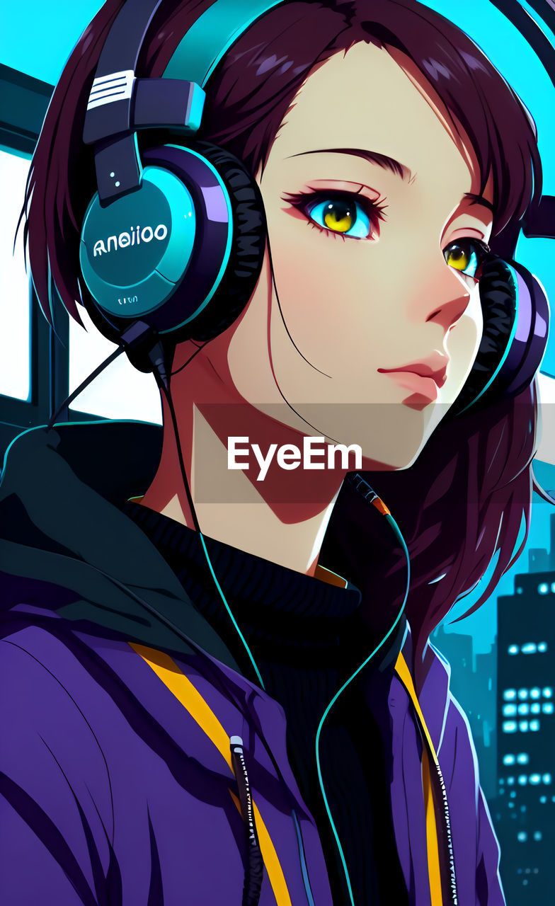 anime, cartoon, adult, manga, listening, women, headphones, one person, portrait, human face, young adult, music, technology, person, comics, arts culture and entertainment, communication, comic book