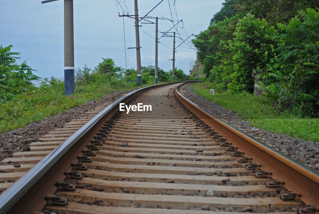 Railways going into the horizon, green surrounding