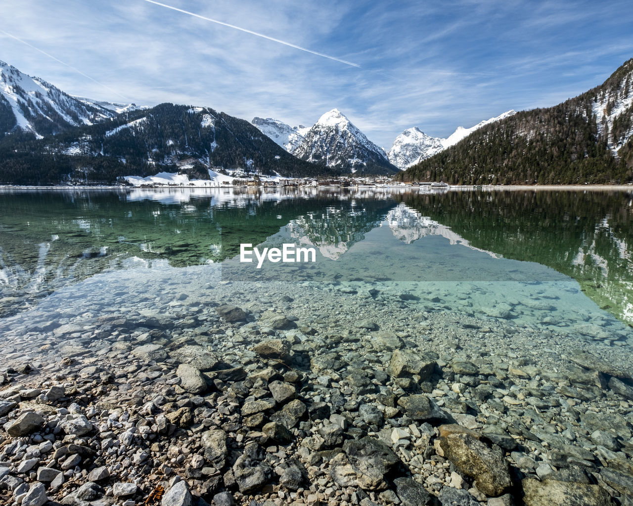 Scenic view of lake and snowcapped mountains against sky