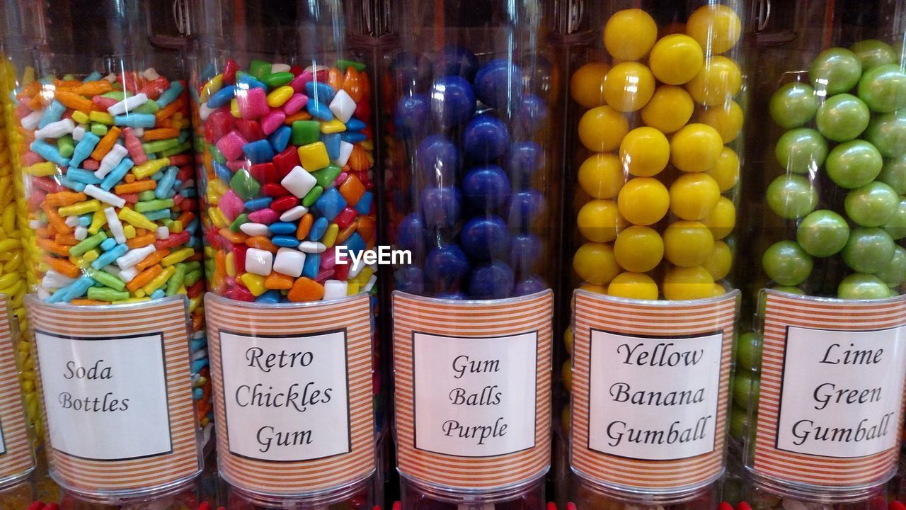 Colorful candies in jar at candy store