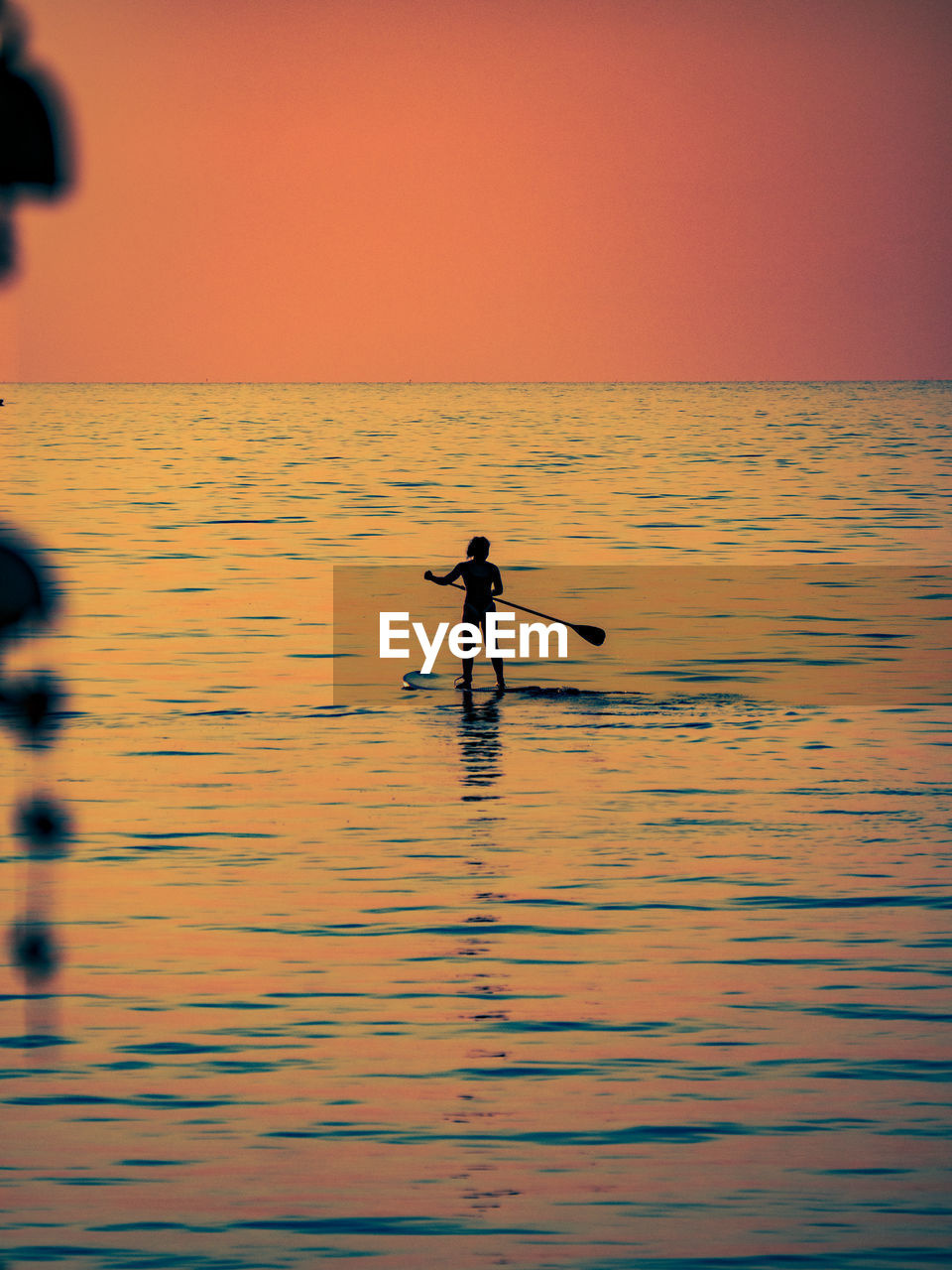 Silhouette woman standing on paddleboard during sunset