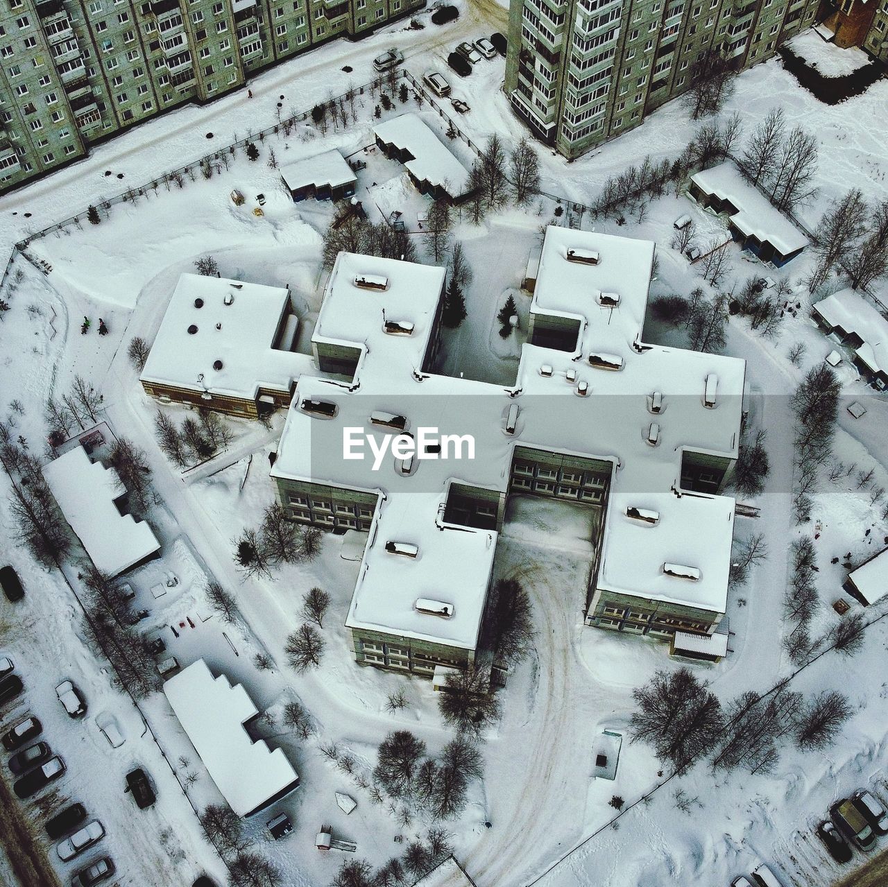 High angle view of snow covered landscape