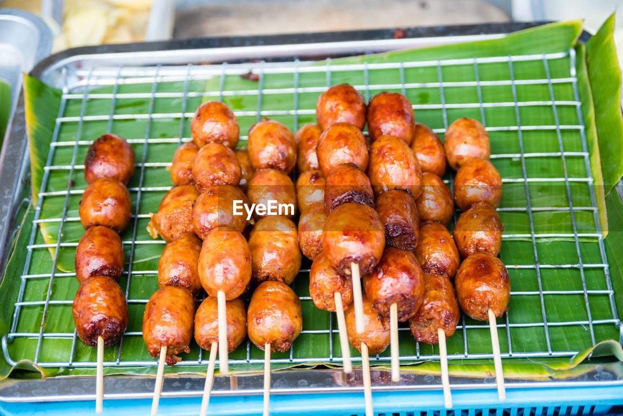 High angle view of meat served in plate