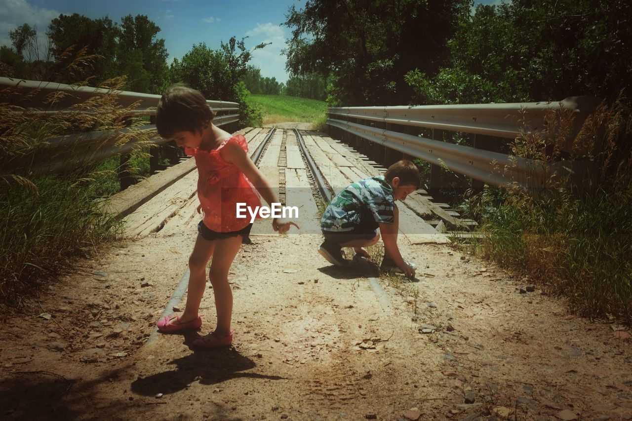 Siblings playing by railway bridge amidst trees