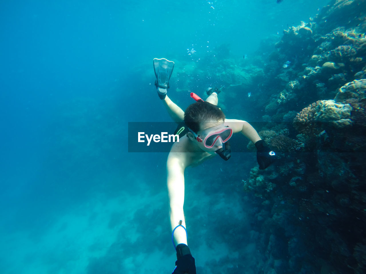 Shirtless man snorkeling in sea