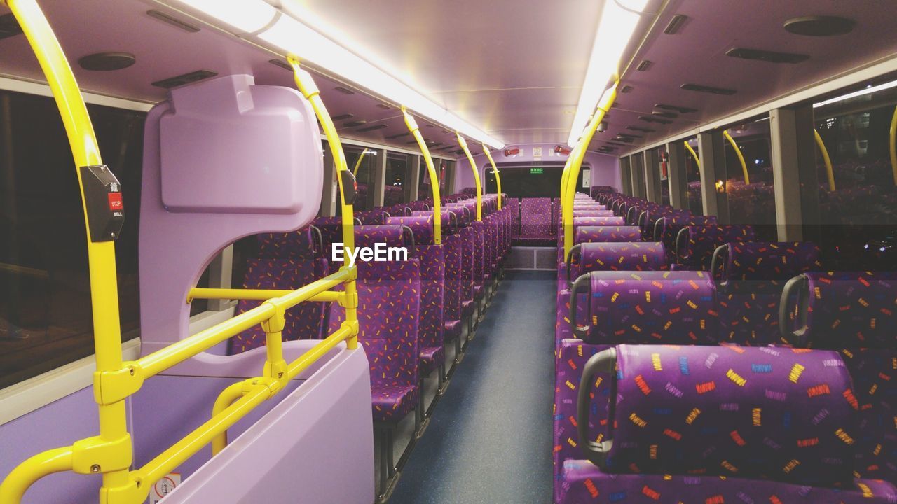 Interior of empty purple bus