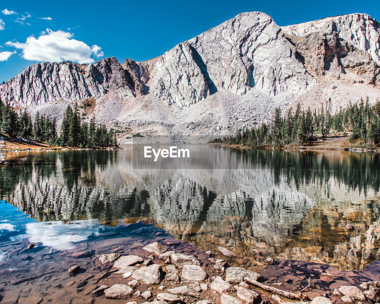 Scenic view of lake by mountains against sky