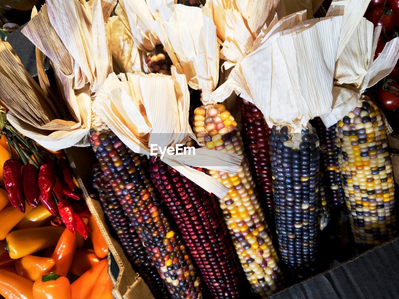 Close-up of corn and peppers for sale in flea market