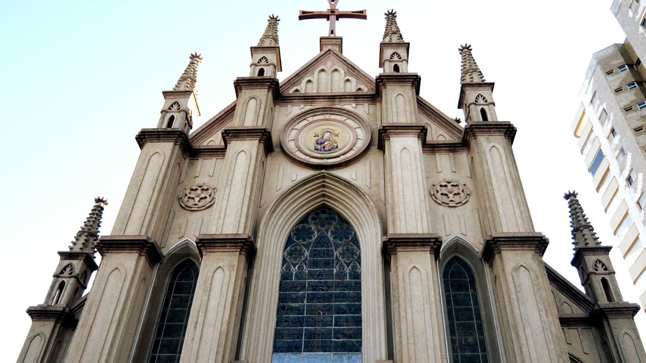 Low angle view of church against clear sky