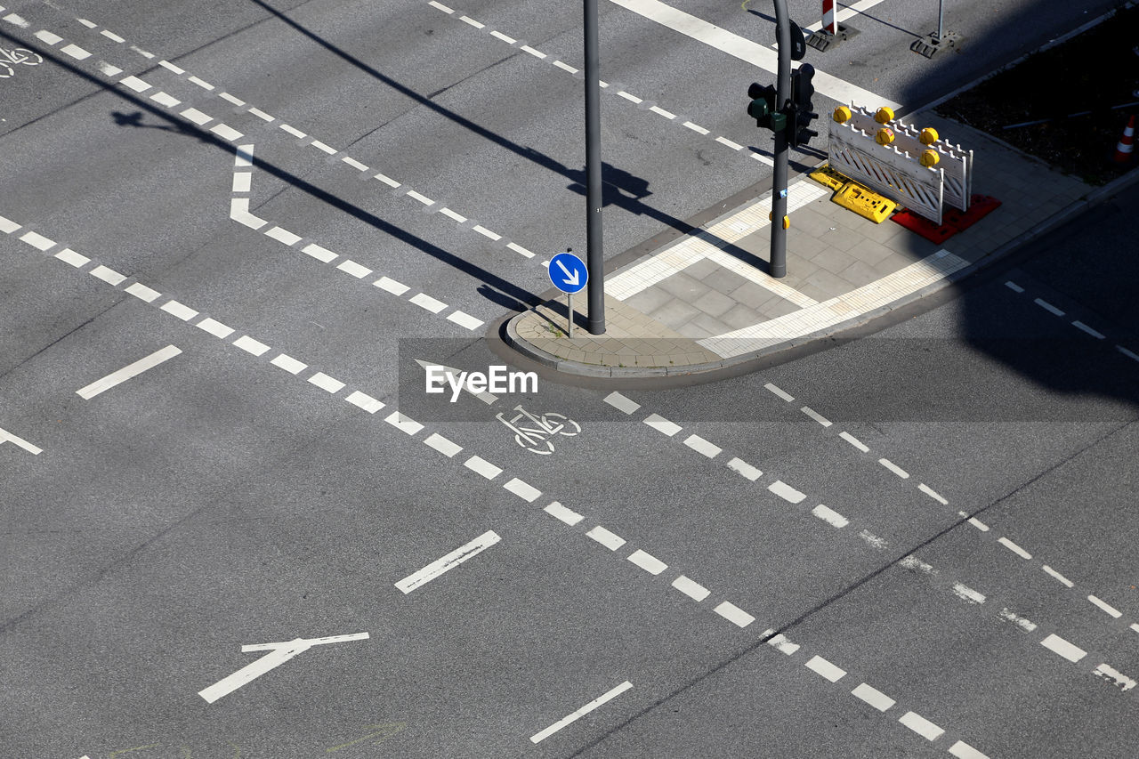 High angle view of road markings on city street