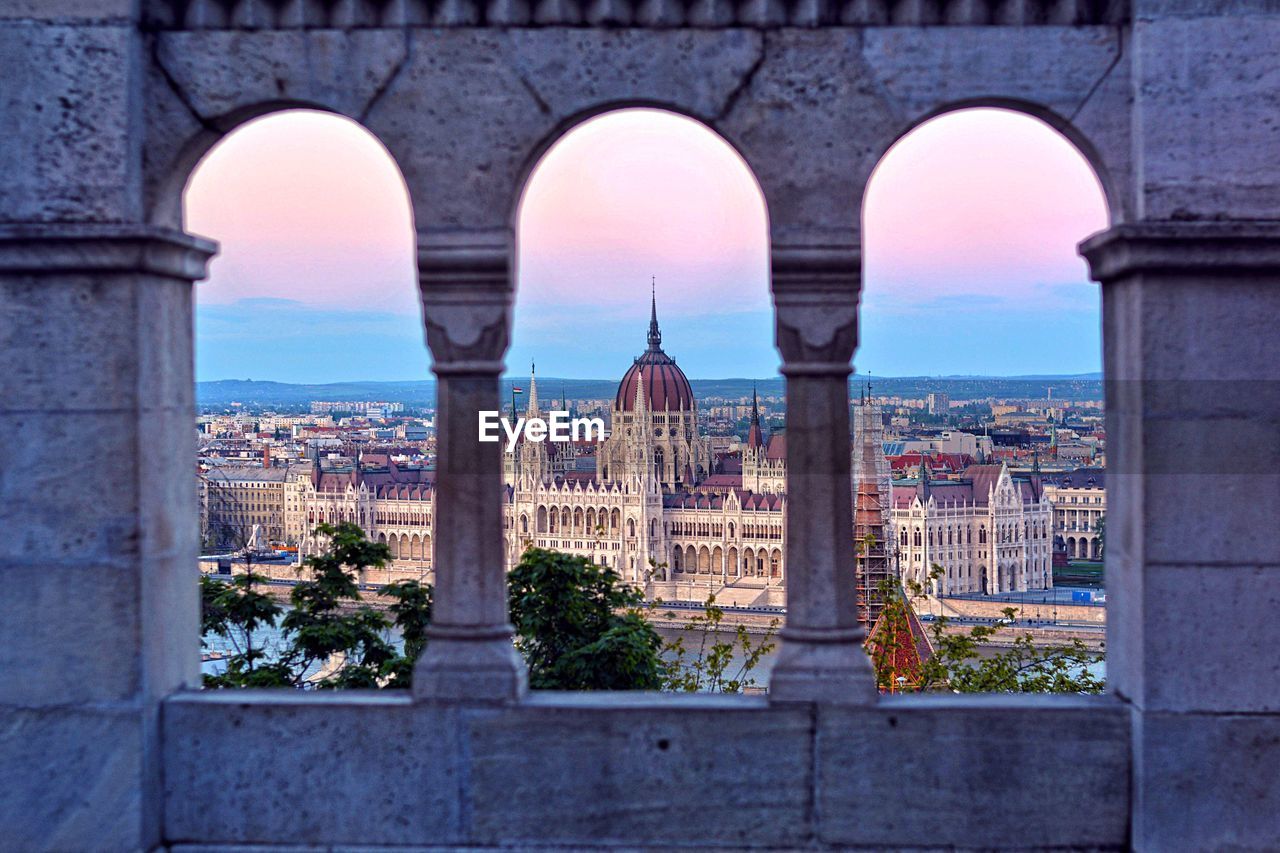 Hungarian parliament building seen through fisherman bastion