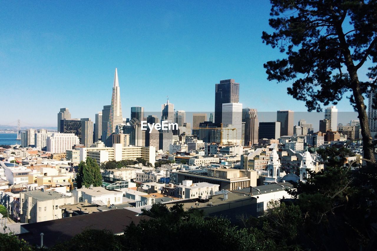 City skyline against clear blue sky