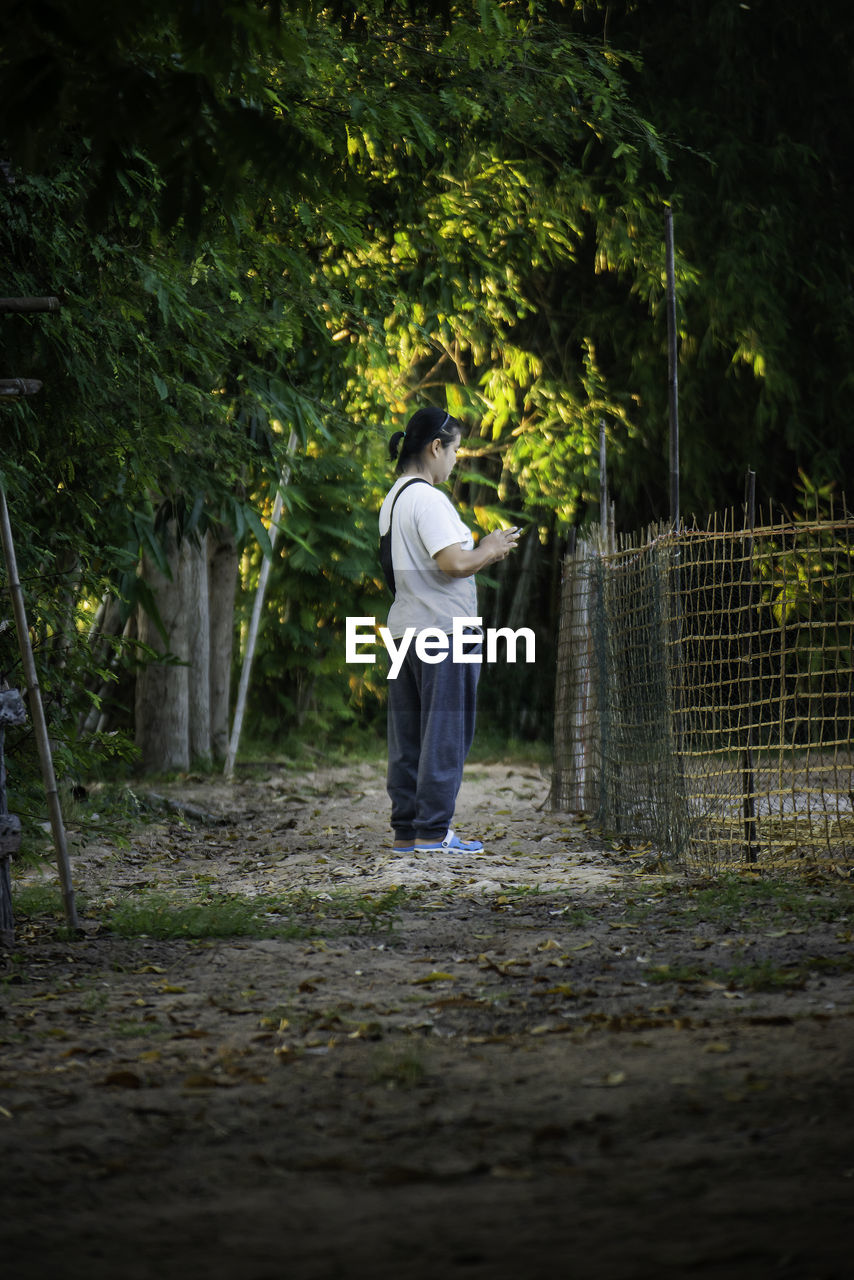 Rear view of woman walking in forest