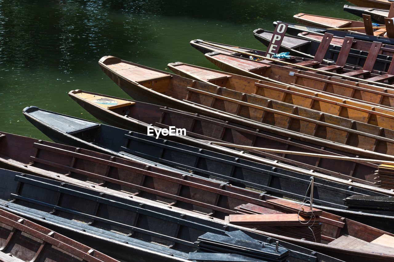 High angle view of boats moored in lake