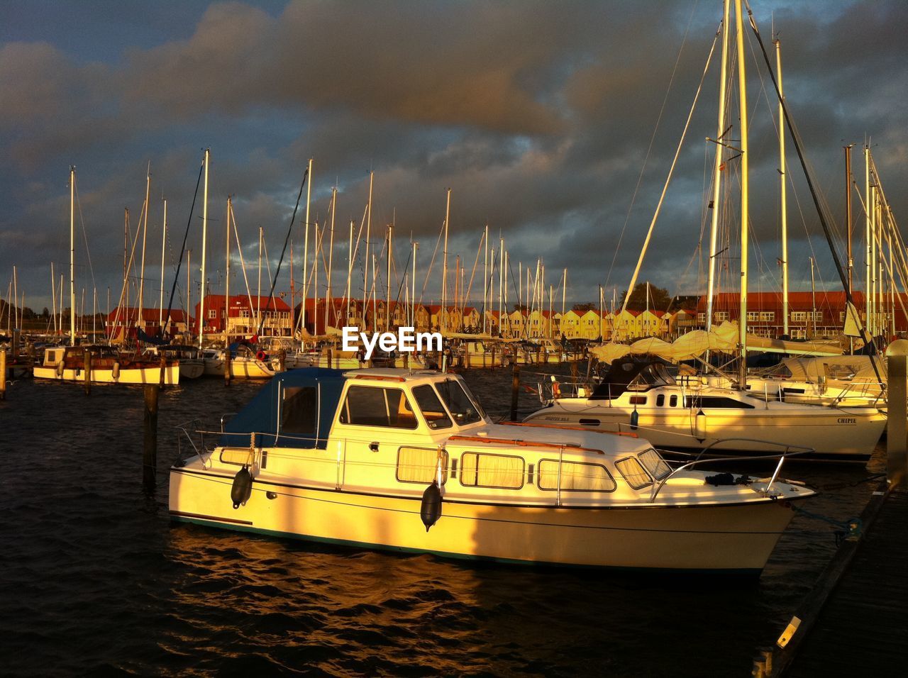 Sailboats moored on harbor against sky