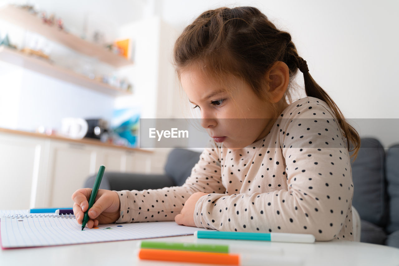 Portrait of cute preschooler child girl drawing with pencils at home while sitting in front