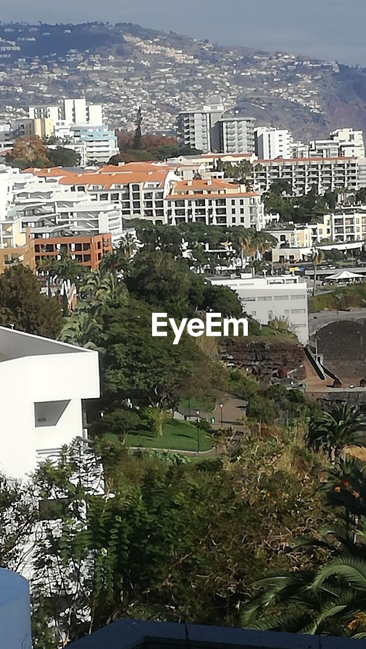 High angle view of houses in town