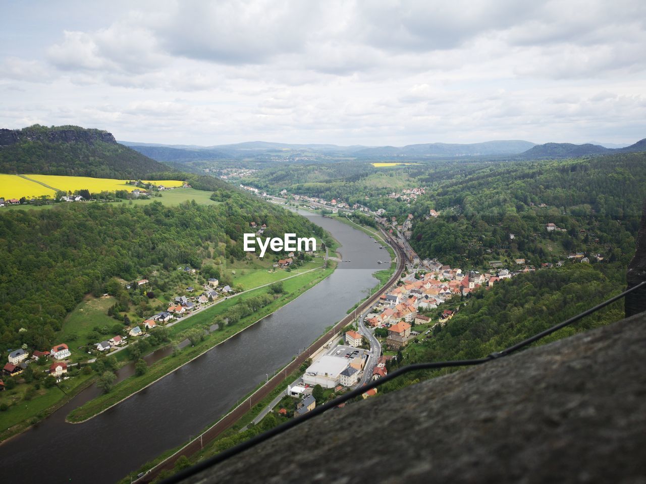 Aerial view of landscape and river against sky