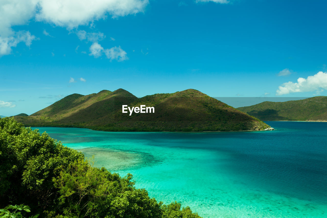 Scenic view of sea and mountains against sky