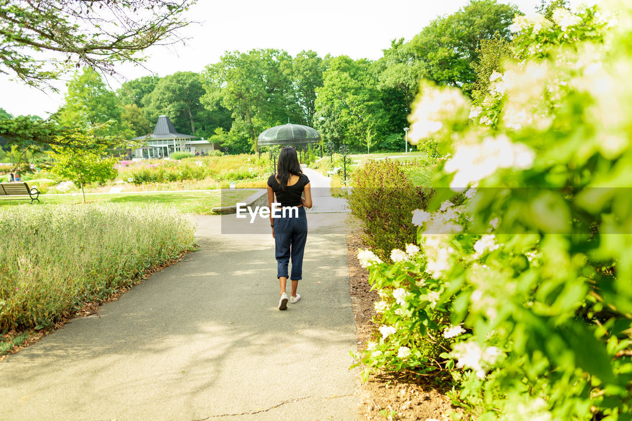 FULL LENGTH REAR VIEW OF WOMAN WALKING ON FOOTPATH AMIDST TREES