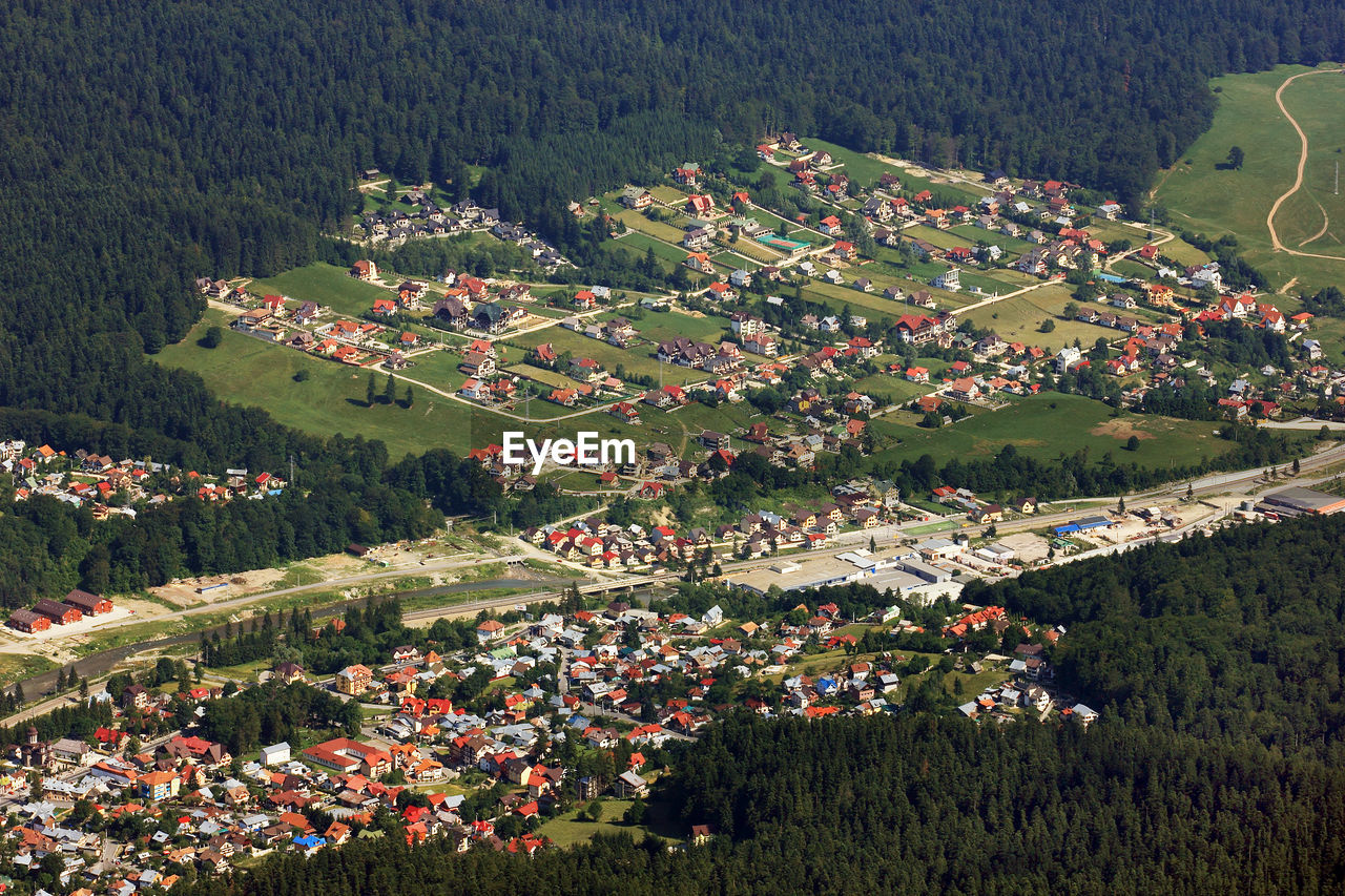 High angle view of houses in village