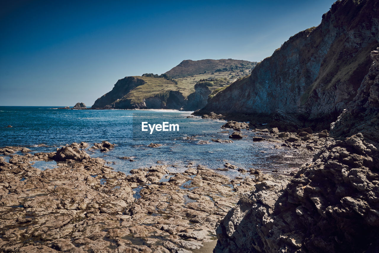 Scenic view of sea against clear blue sky