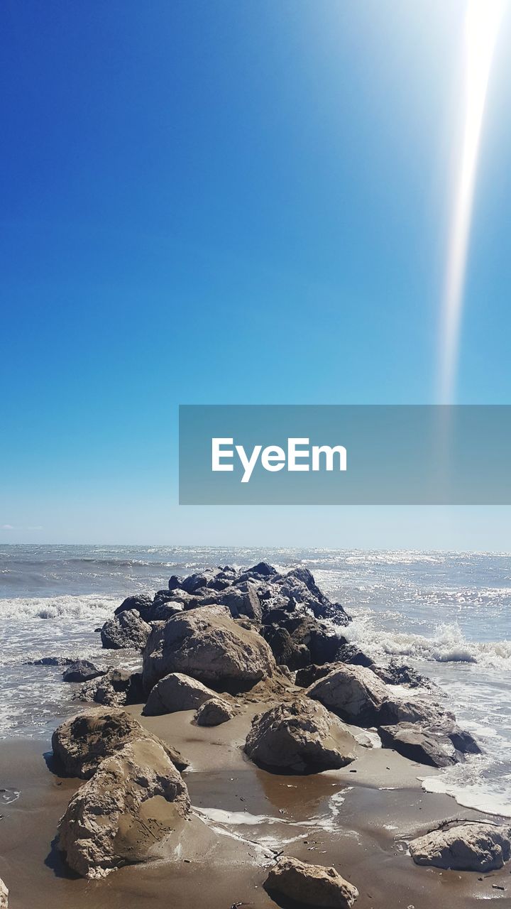 SCENIC VIEW OF SEA SHORE AGAINST CLEAR SKY