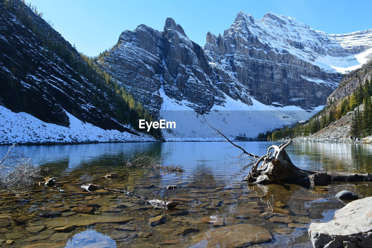 Scenic view of lake and snowcapped mountains against sky