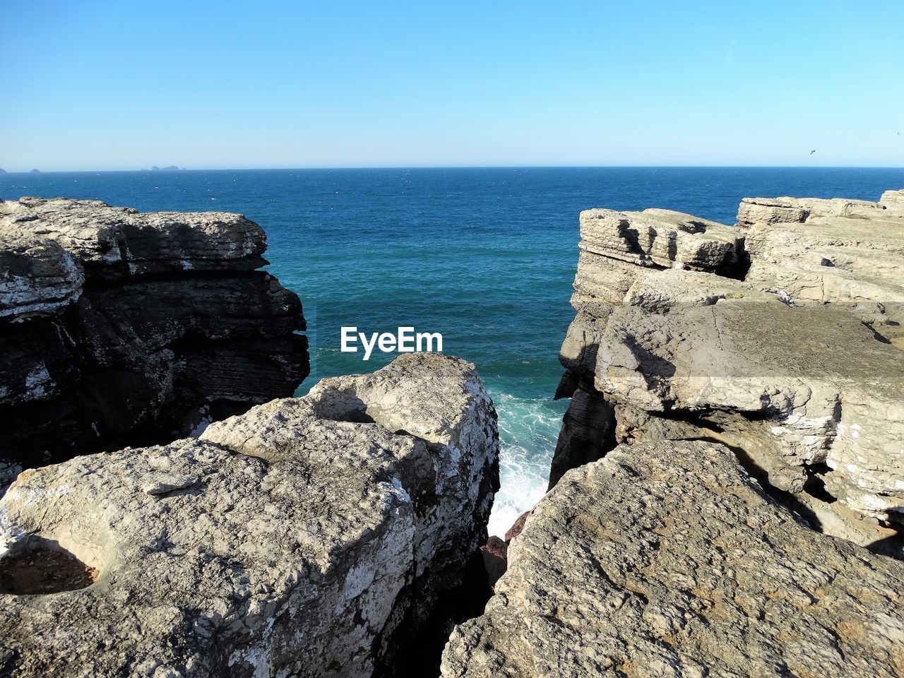 ROCKS ON SHORE AGAINST CLEAR SKY